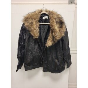 Via Accenti Womens Jacket 24W Black Faux Leather Faux Fur Collar Coat Outerwear
